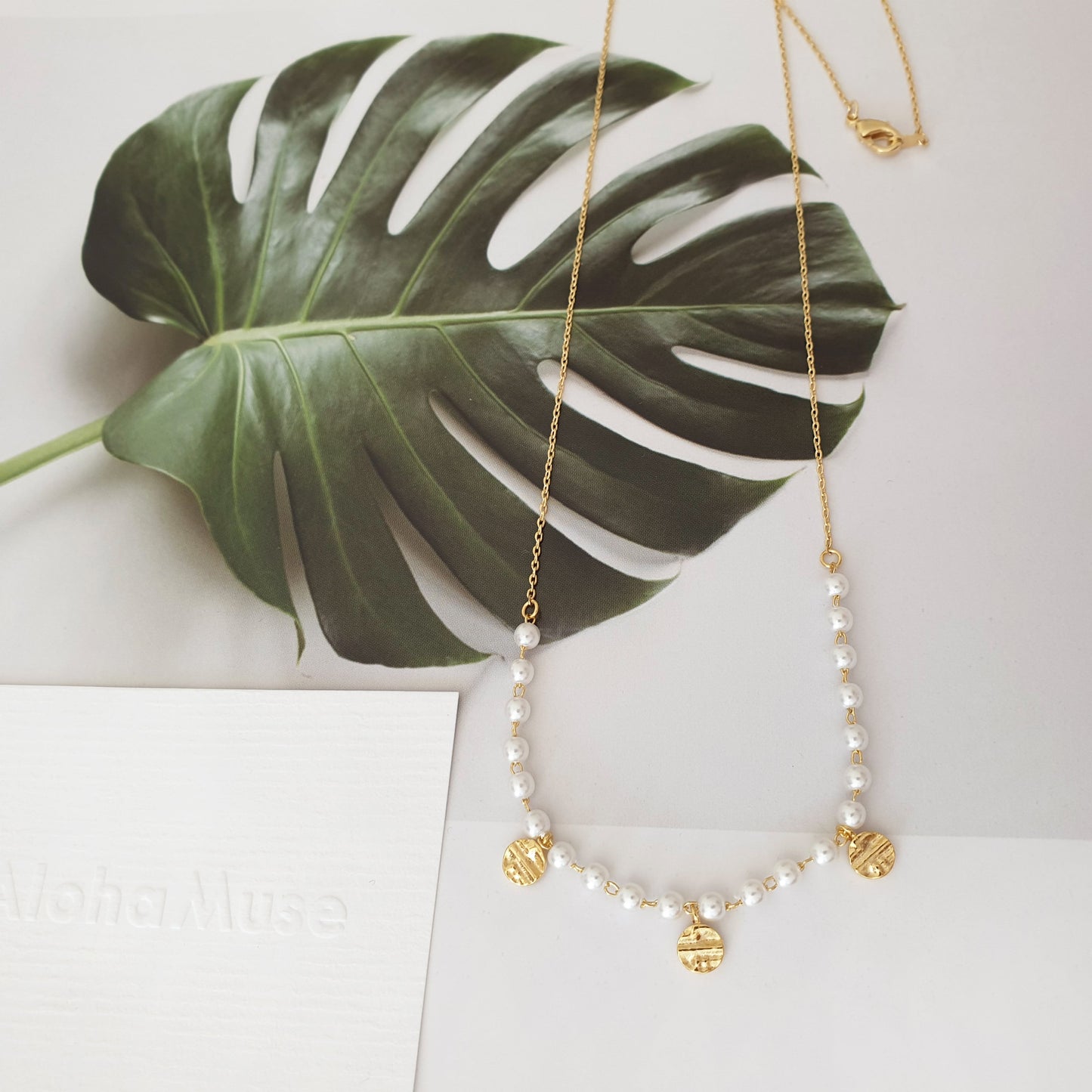 Pearl Bead Ball Gold Disc Charm Long Chain Necklace