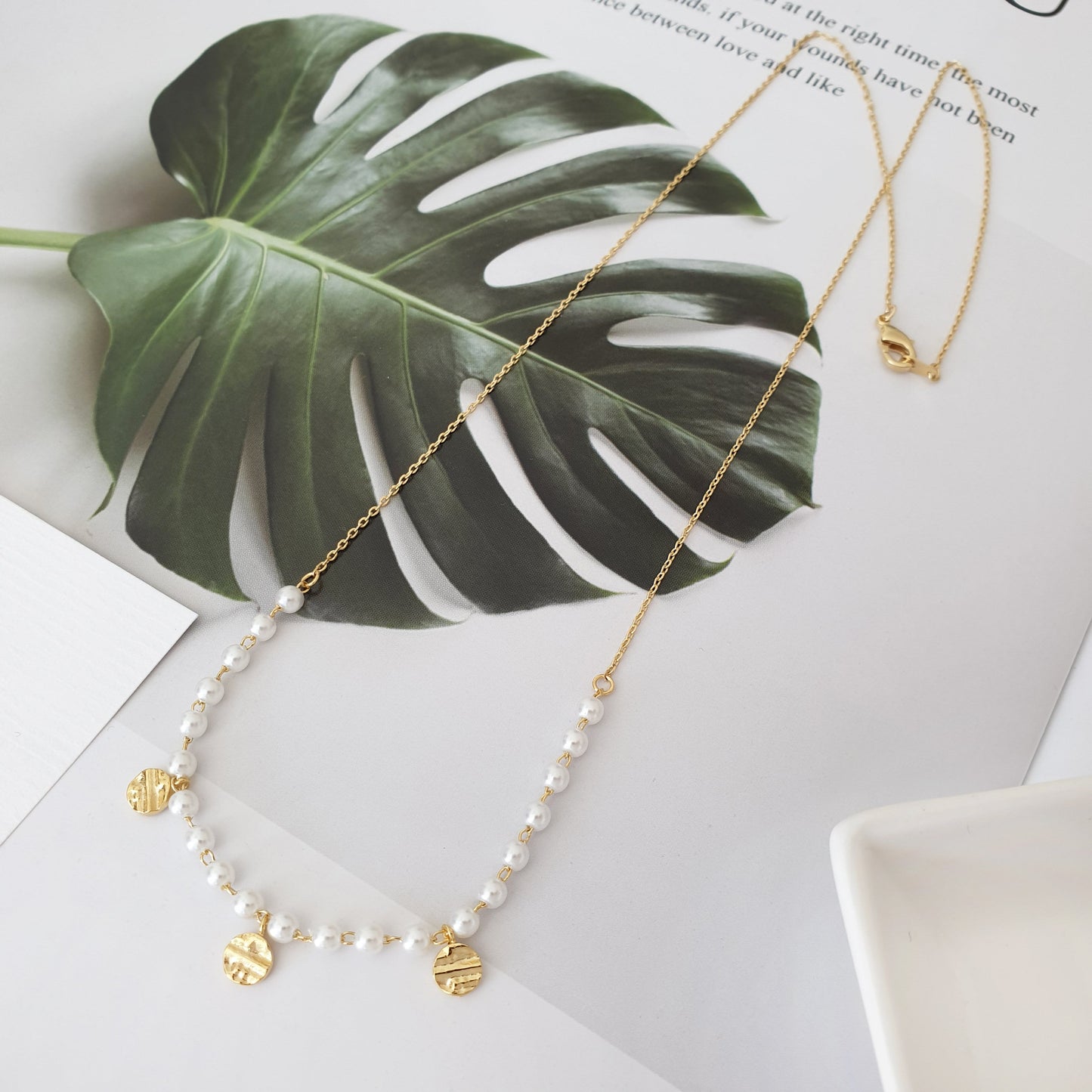 Pearl Bead Ball Gold Disc Charm Long Chain Necklace
