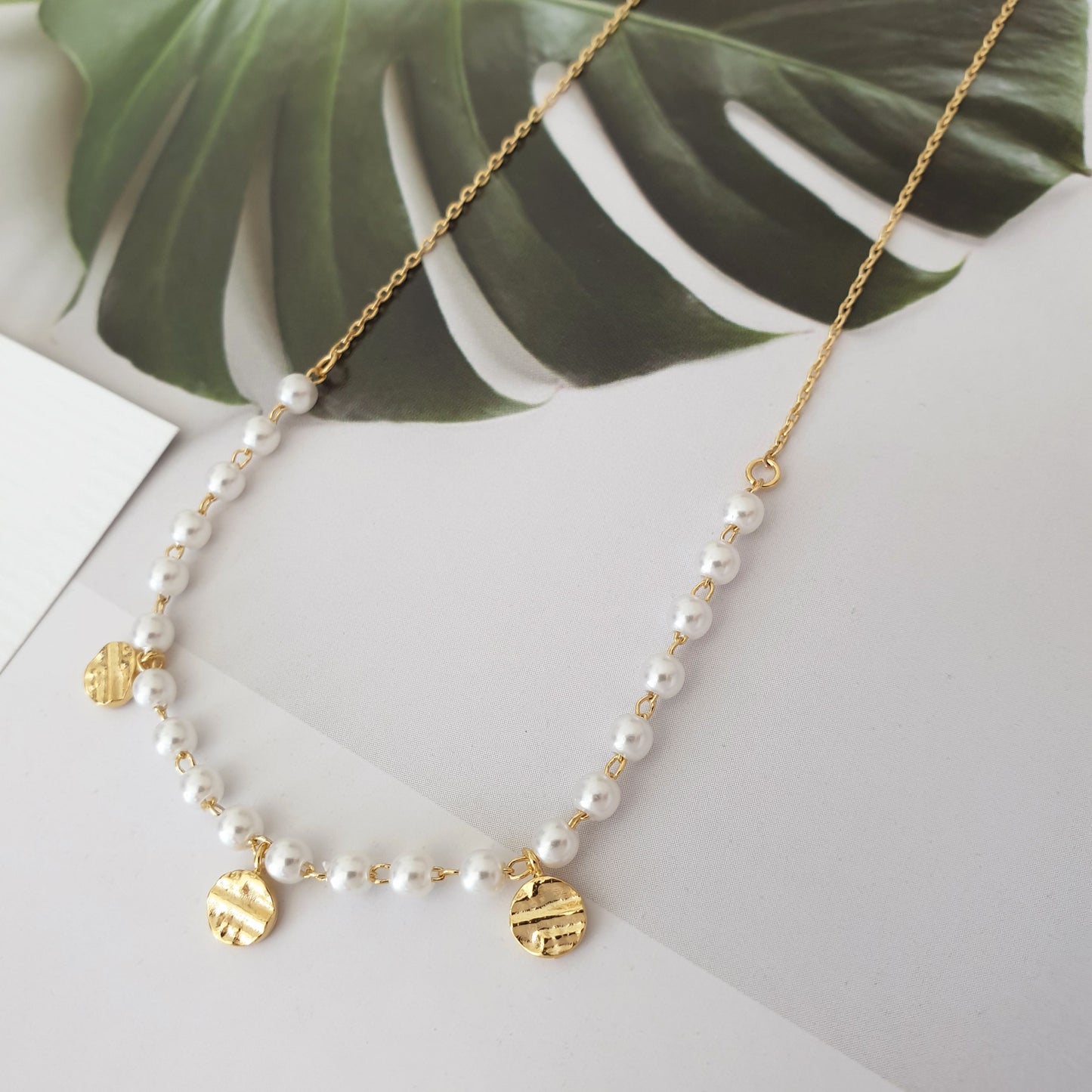 Pearl Bead Ball Gold Disc Charm Long Chain Necklace