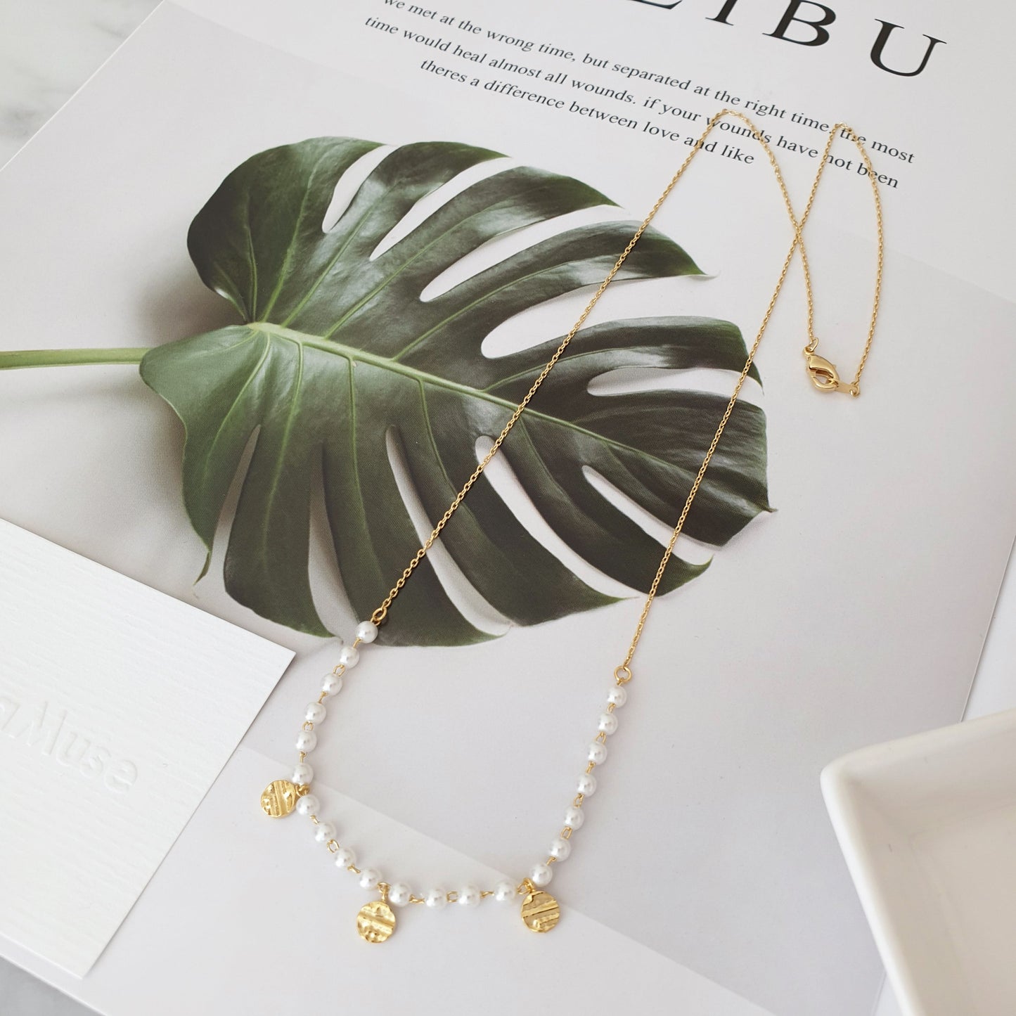 Pearl Bead Ball Gold Disc Charm Long Chain Necklace
