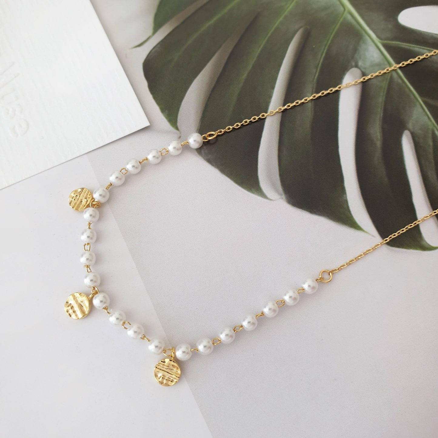 Pearl Bead Ball Gold Disc Charm Long Chain Necklace