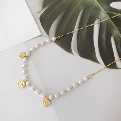 Pearl Bead Ball Gold Disc Charm Long Chain Necklace