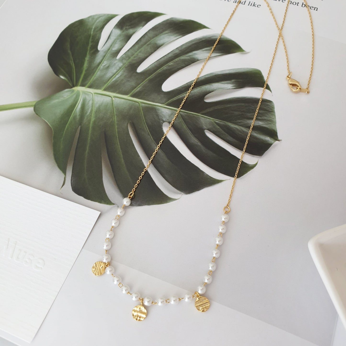 Pearl Bead Ball Gold Disc Charm Long Chain Necklace