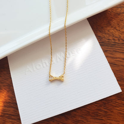 Mini Dog Bone Pendant Cubic Zirconia Necklace
