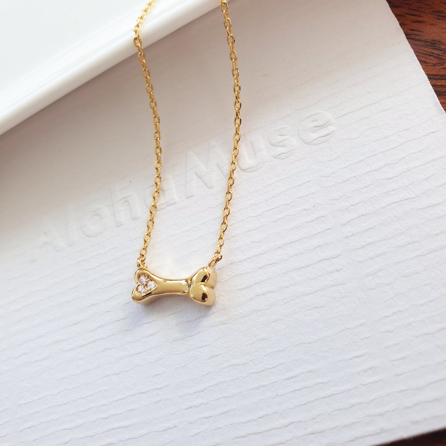 Mini Dog Bone Pendant Cubic Zirconia Necklace