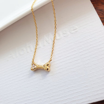 Mini Dog Bone Pendant Cubic Zirconia Necklace