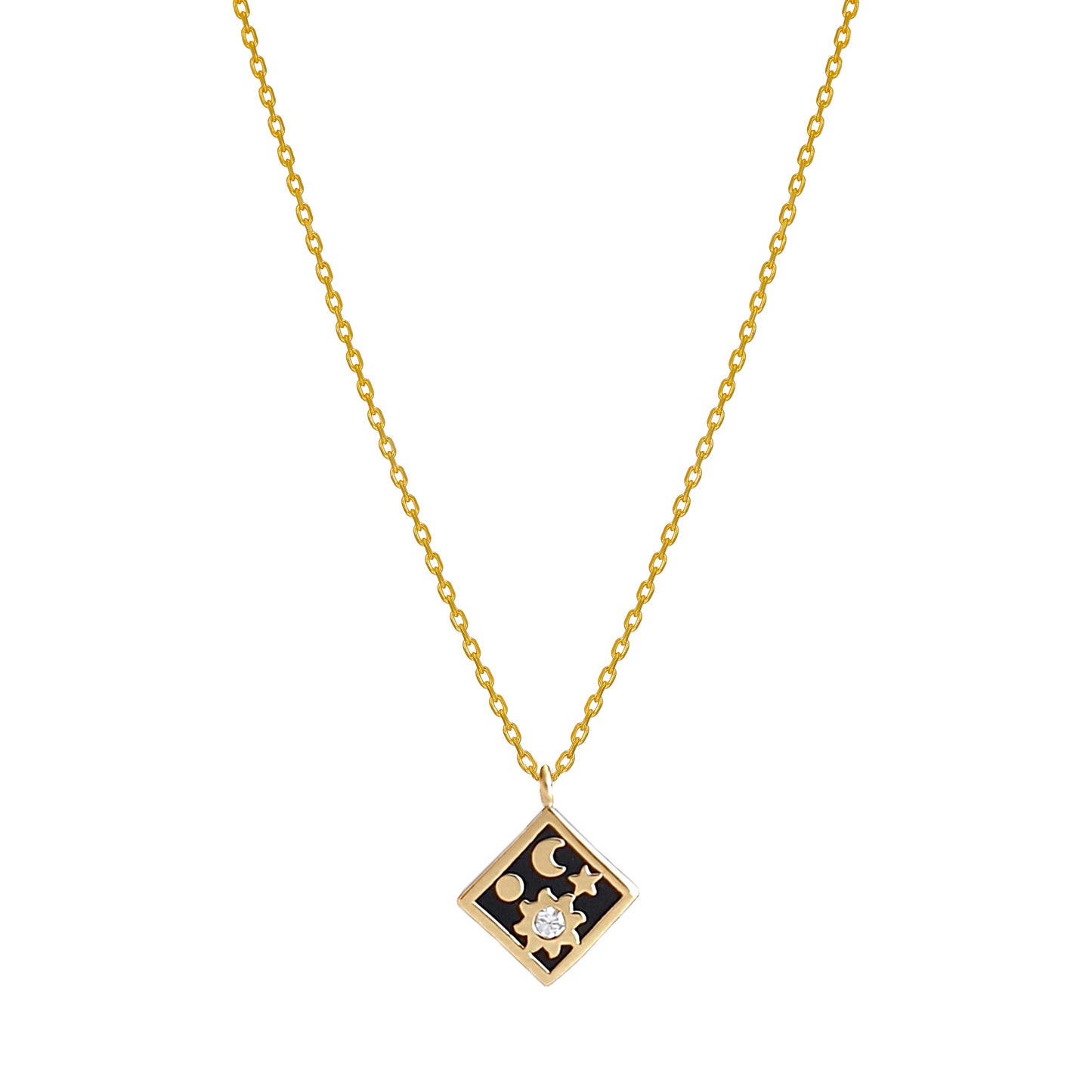 Moon Star CZ Enamel Square Necklace