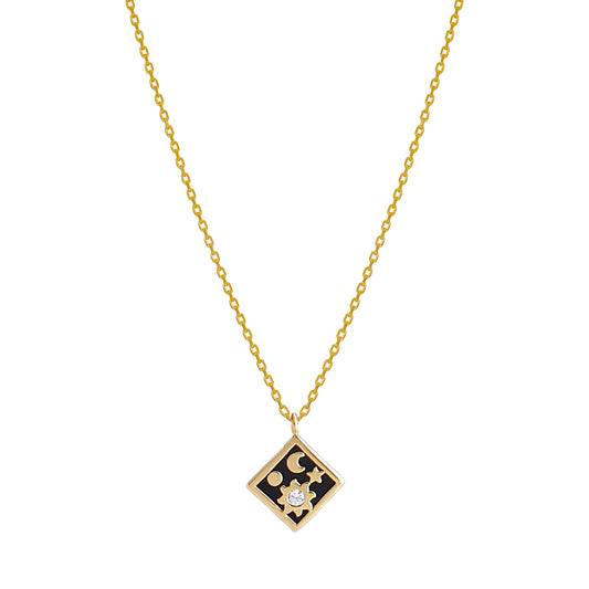 Moon Star CZ Enamel Square Necklace