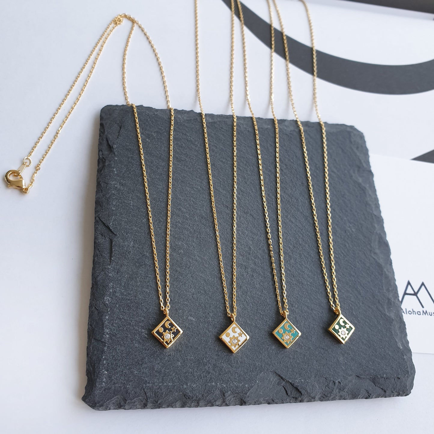 Moon Star CZ Enamel Square Necklace