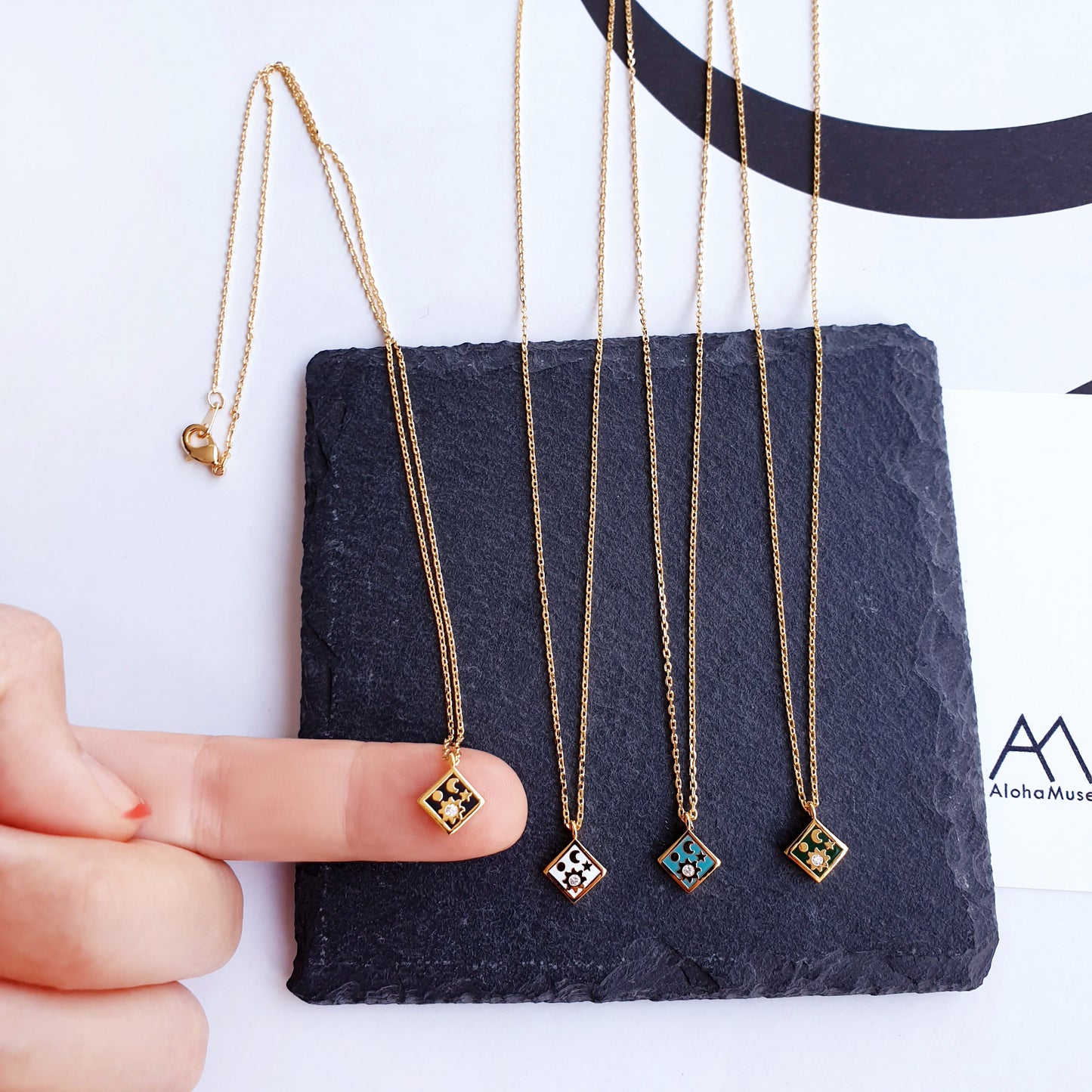 Moon Star CZ Enamel Square Necklace