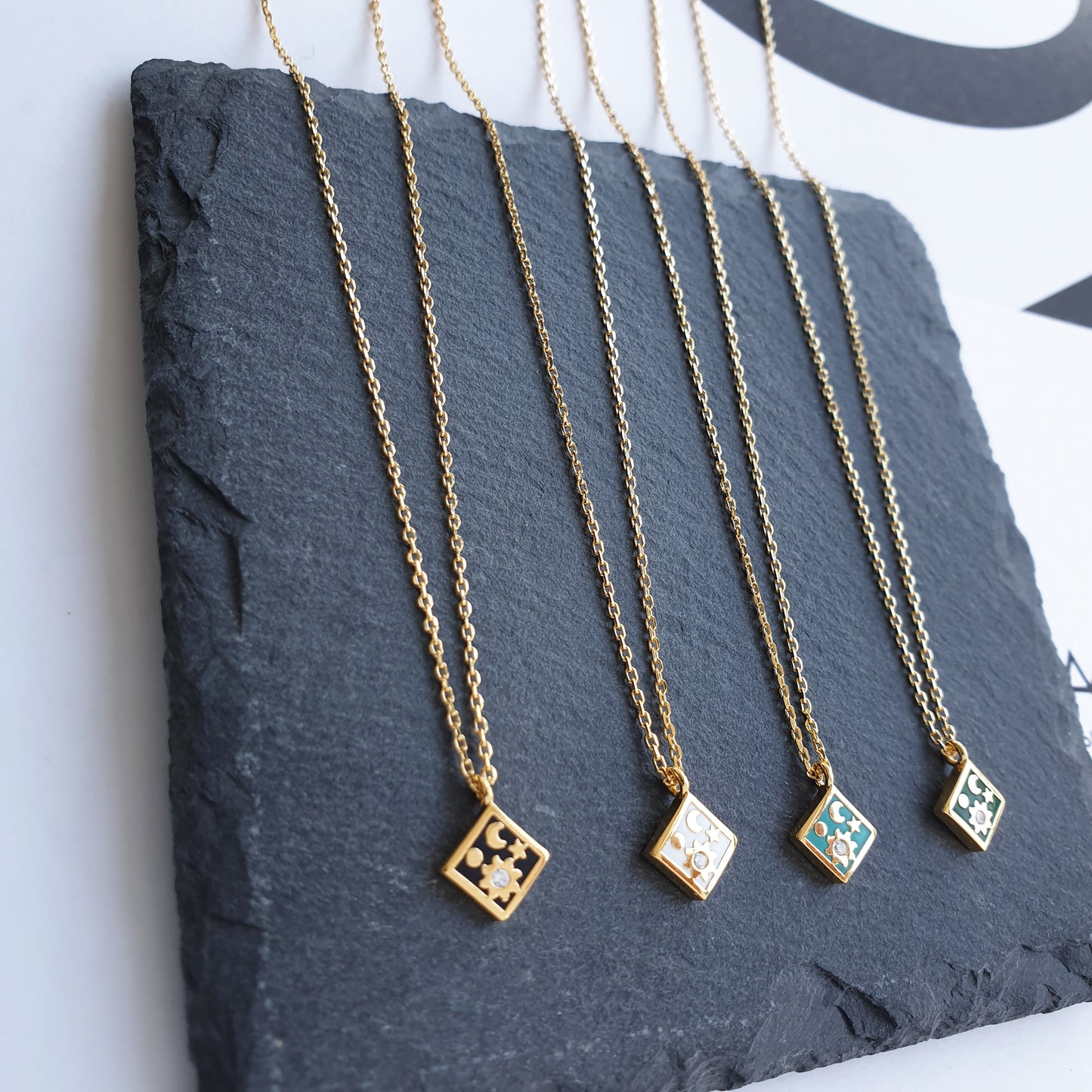 Moon Star CZ Enamel Square Necklace