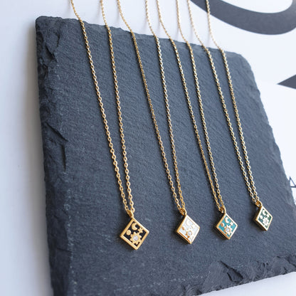 Moon Star CZ Enamel Square Necklace