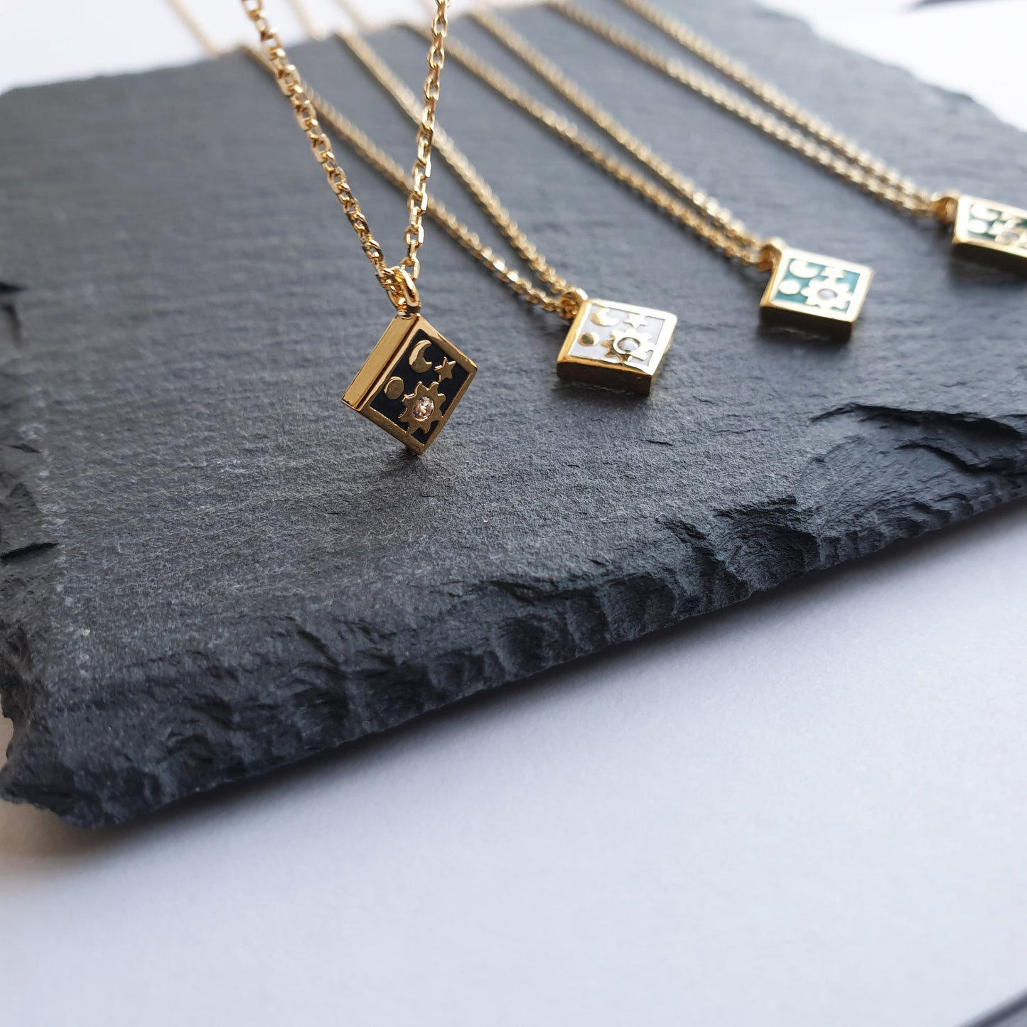 Moon Star CZ Enamel Square Necklace