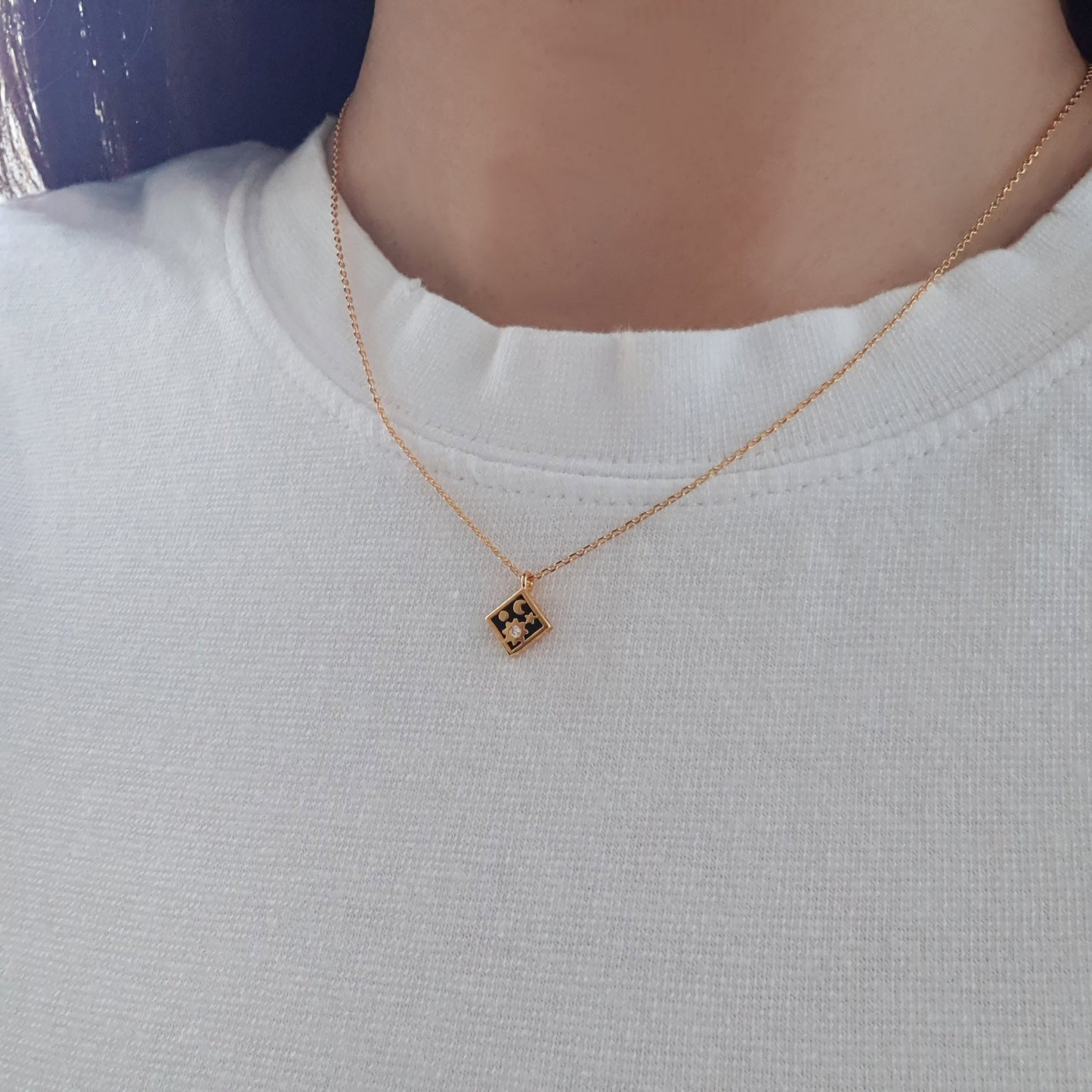 Moon Star CZ Enamel Square Necklace