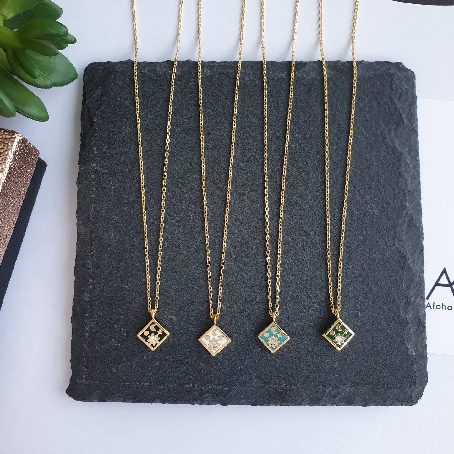 Moon Star CZ Enamel Square Necklace