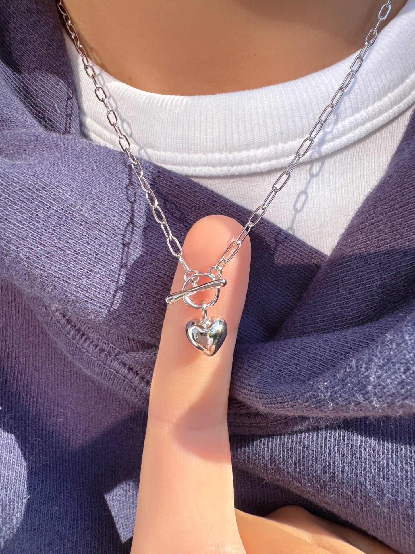 Puff Heart T Bar Toggle Closure Pendant Necklace