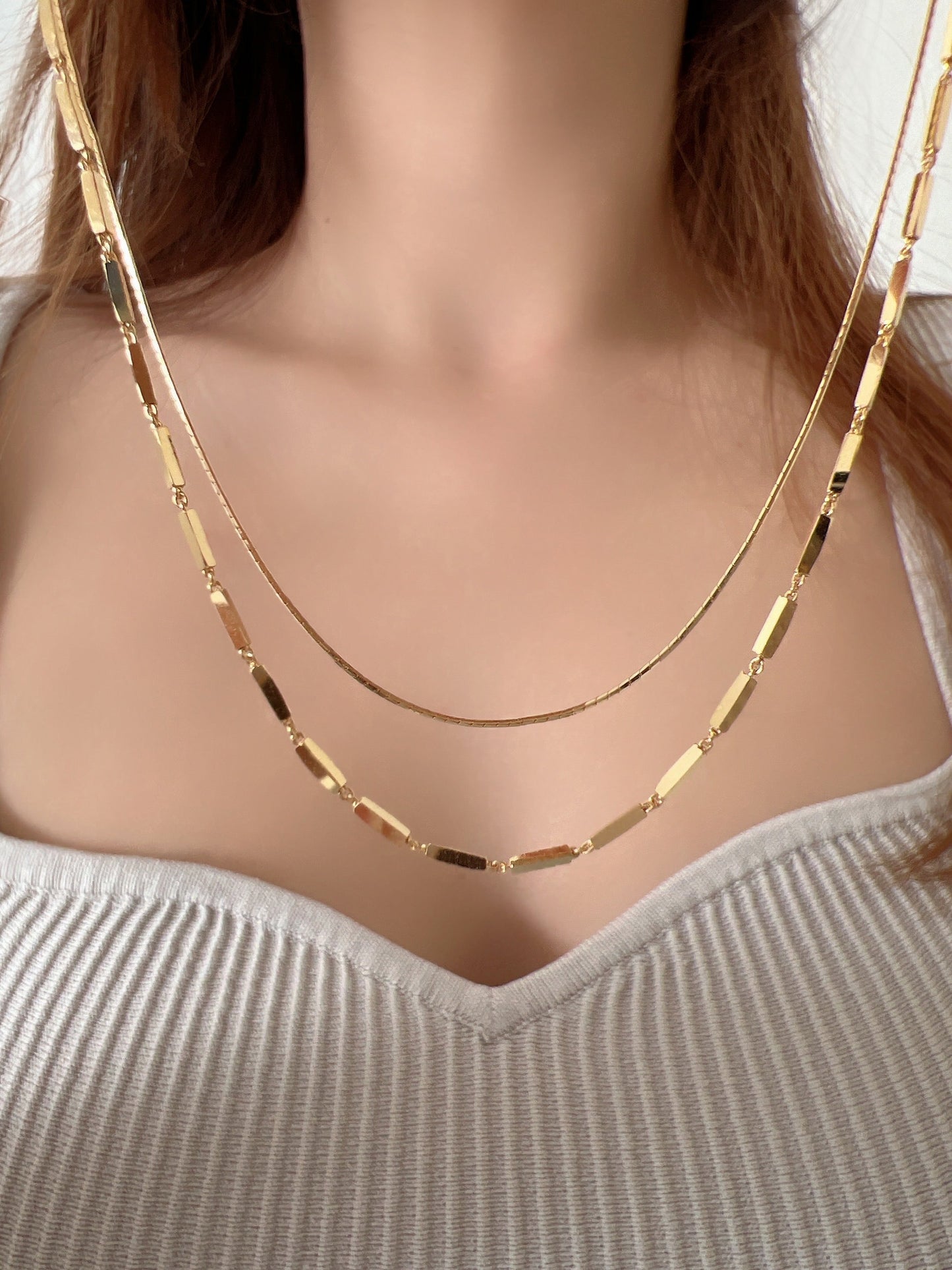 Layered Chain Set String Bar Solid 925 Silver Necklace