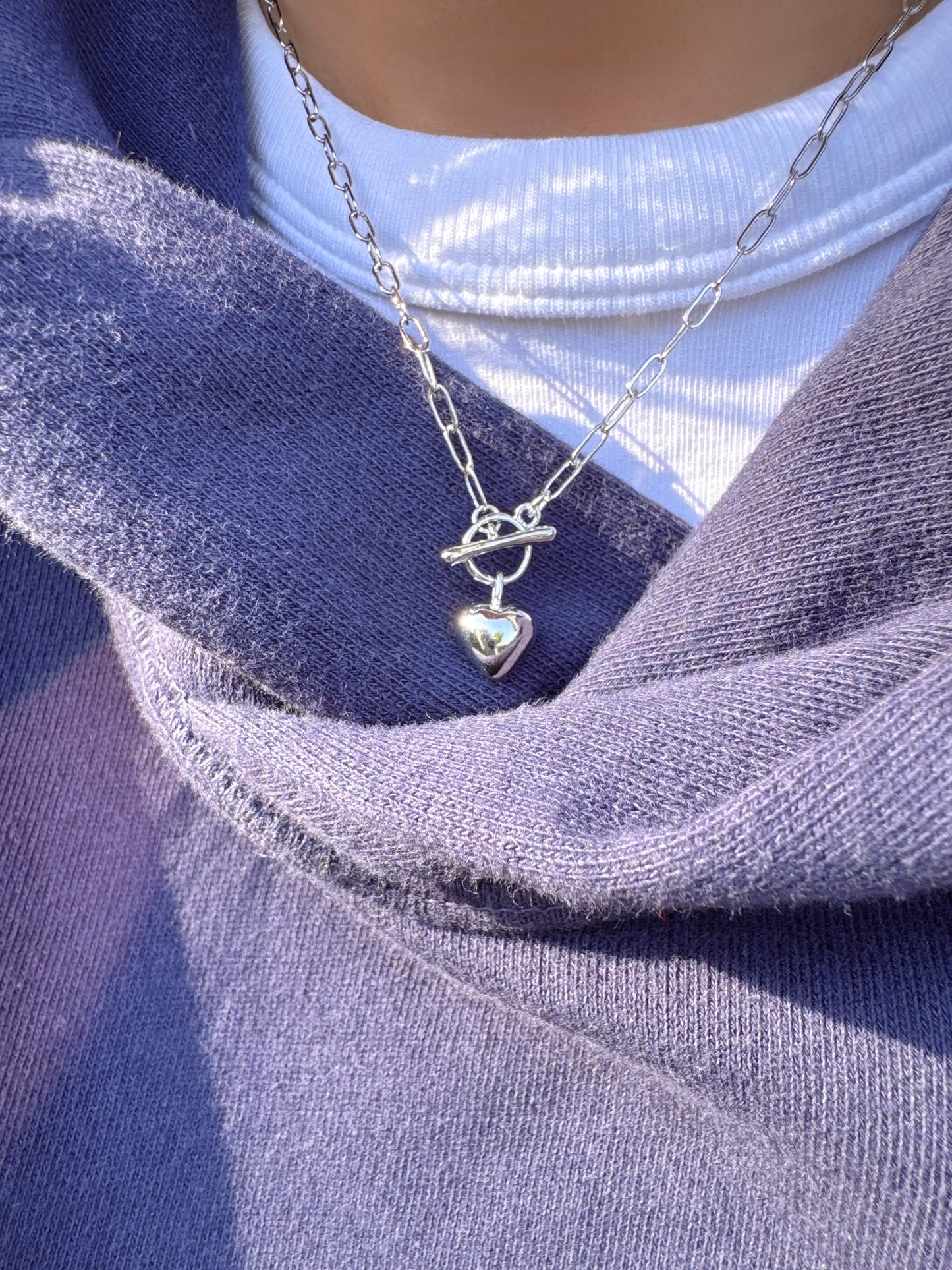 Puff Heart T Bar Toggle Closure Pendant Necklace