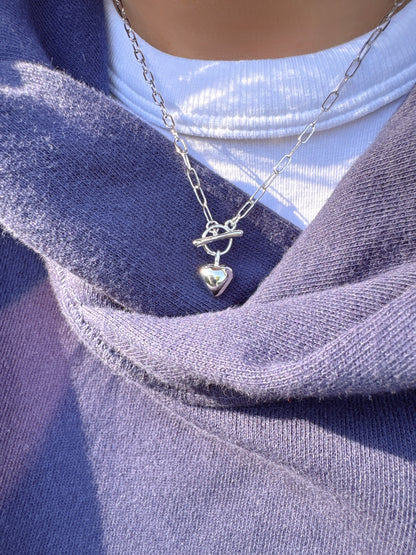 Puff Heart T Bar Toggle Closure Pendant Necklace