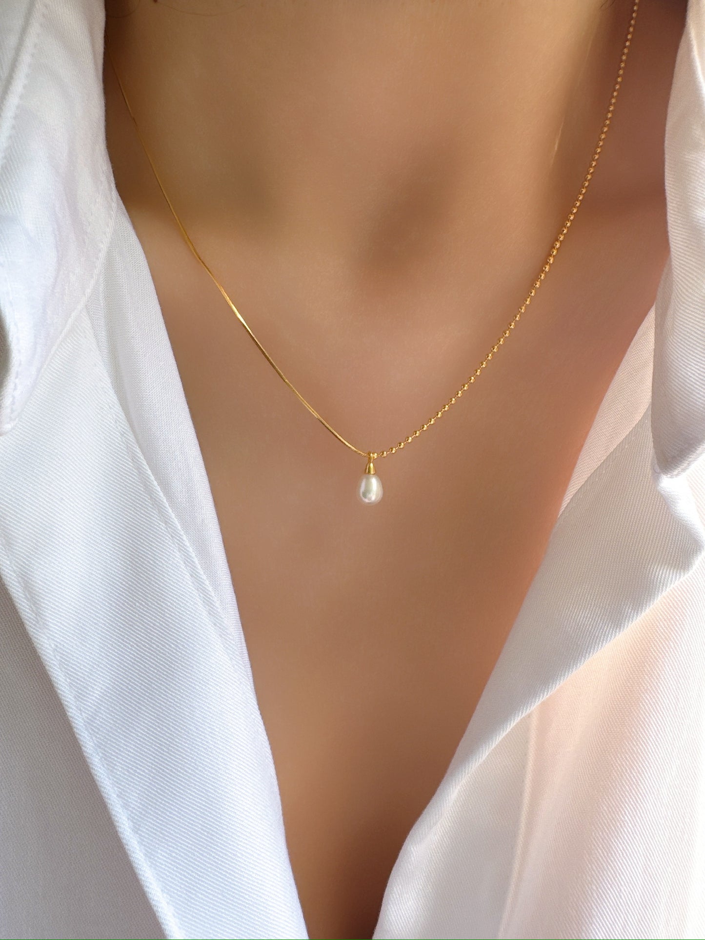 Half Dot Herringbone Chain with Freshwater Pearl 925 Silver