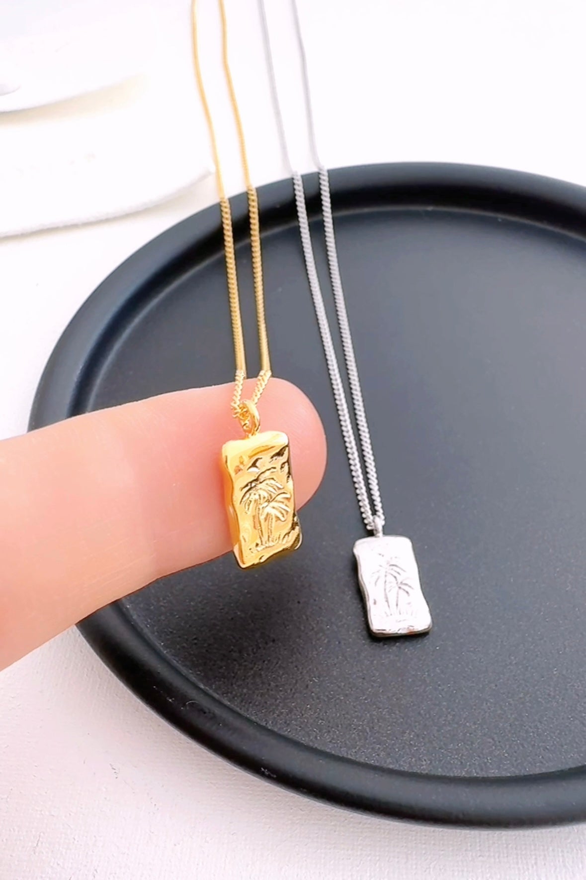 Rectangle Palm Tree Engraved Pendant Necklace