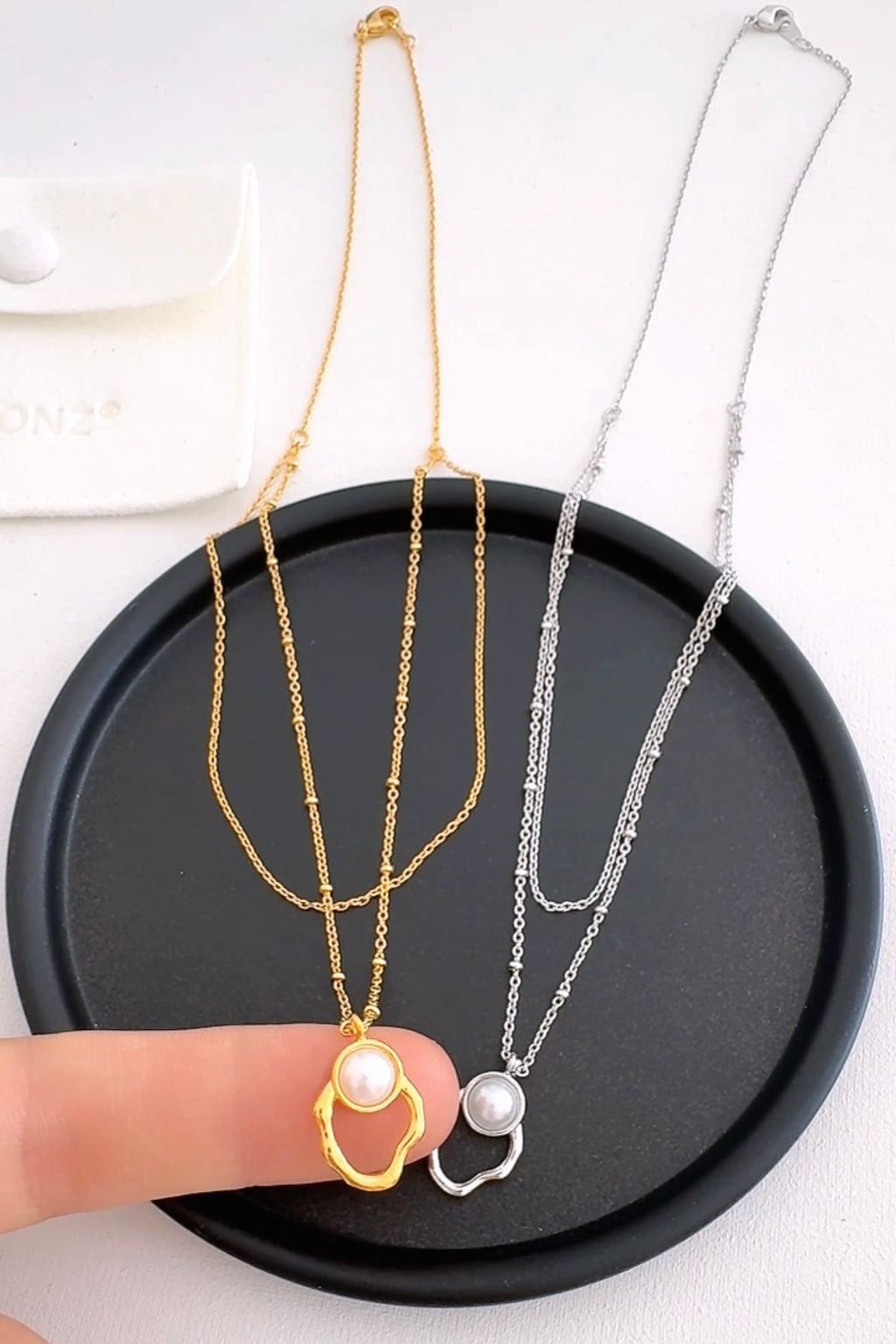 2 Chain Hollow Oval Pearl Necklace