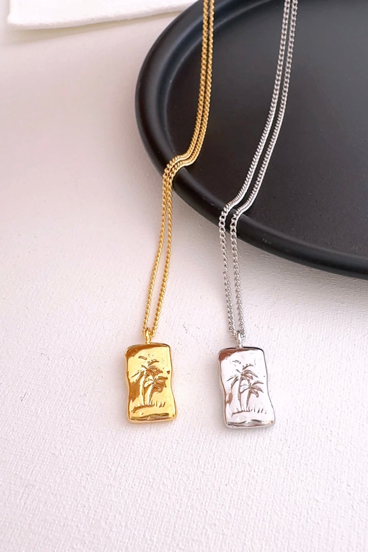 Rectangle Palm Tree Engraved Pendant Necklace