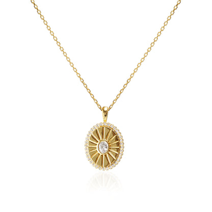 Oval Burst CZ Disc Pendant Necklace