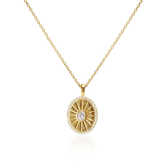 Oval Burst CZ Disc Pendant Necklace