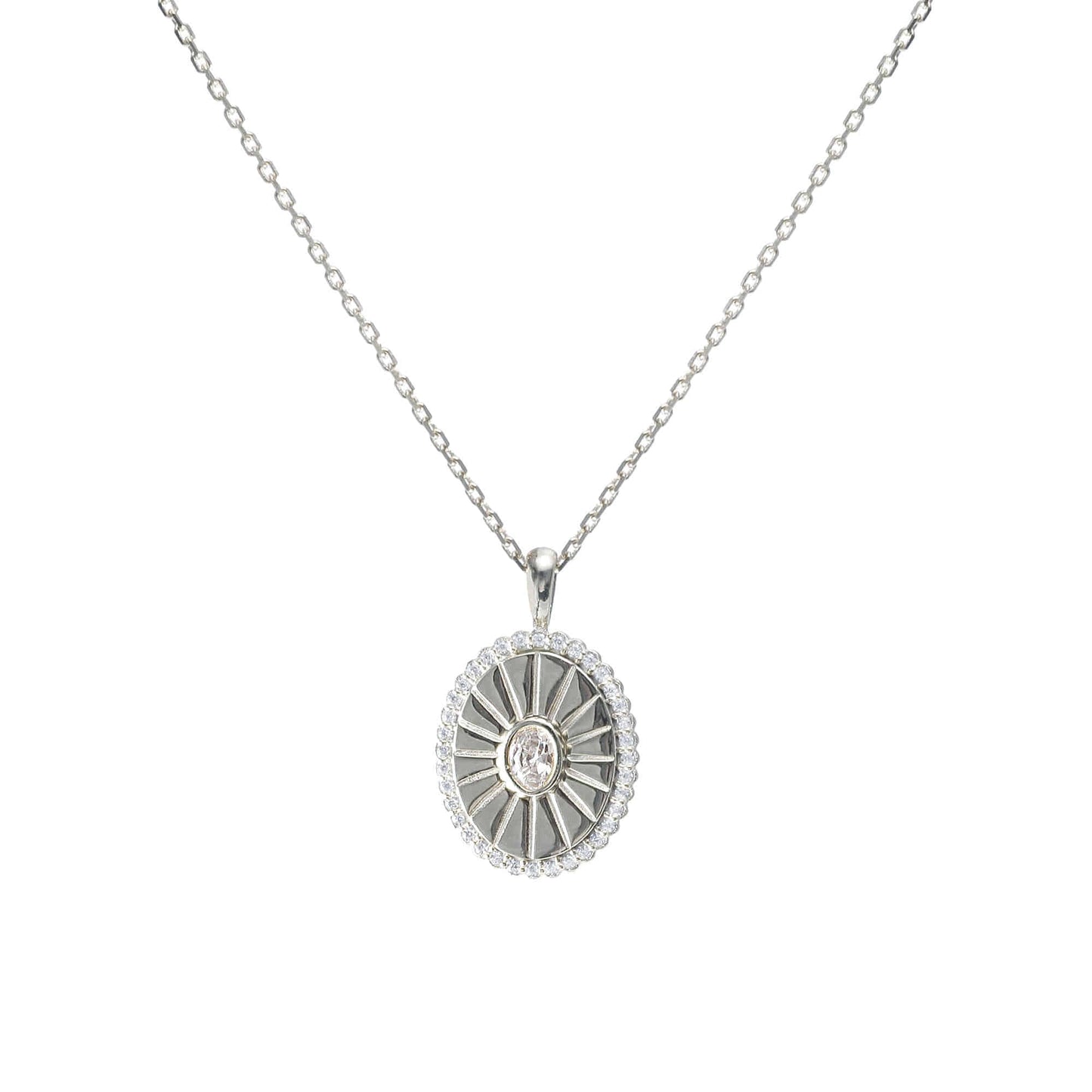 Oval Burst CZ Disc Pendant Necklace