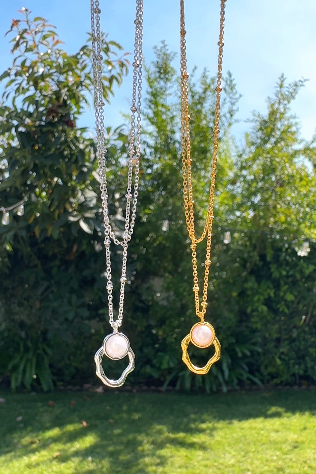 2 Chain Hollow Oval Pearl Necklace