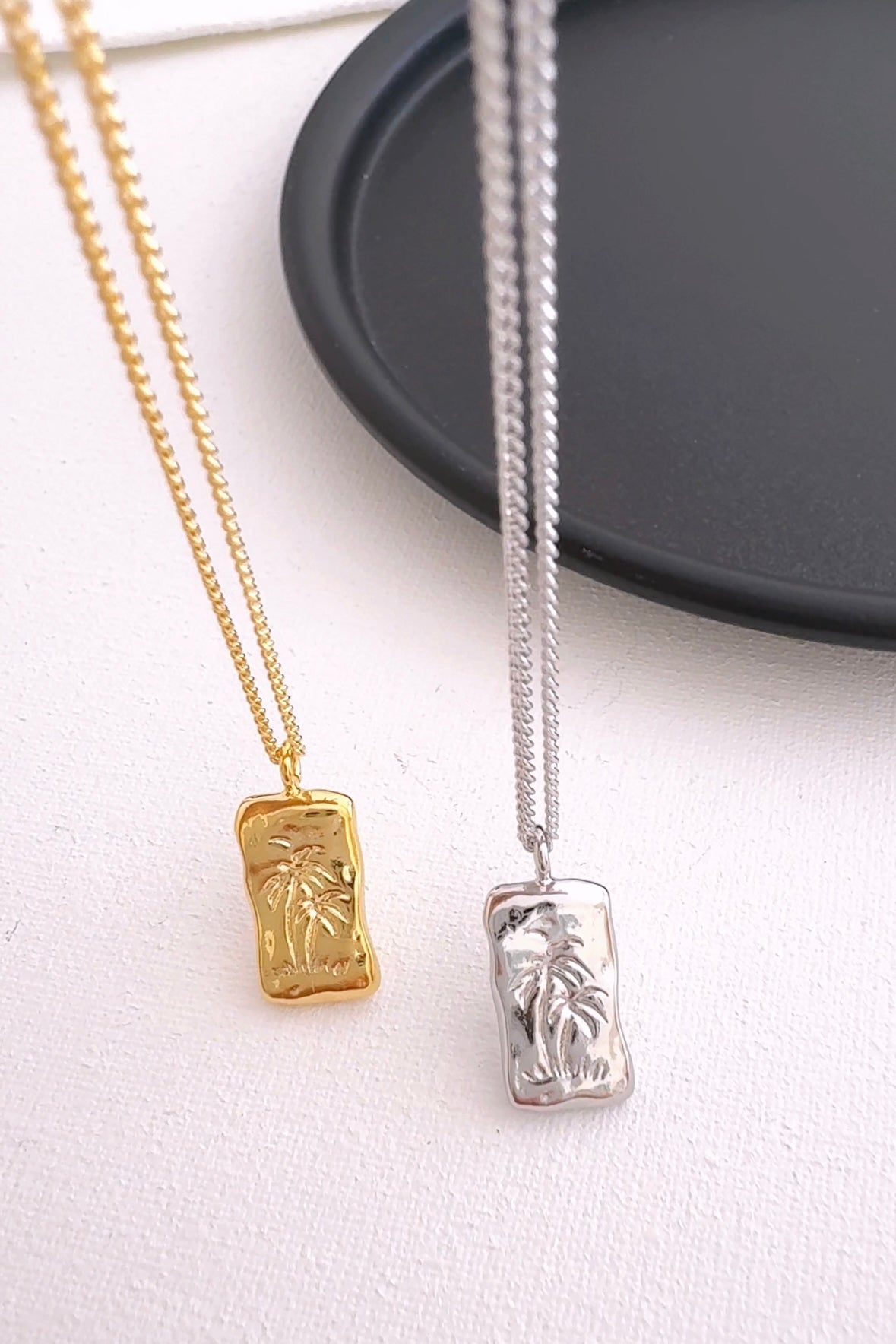 Rectangle Palm Tree Engraved Pendant Necklace