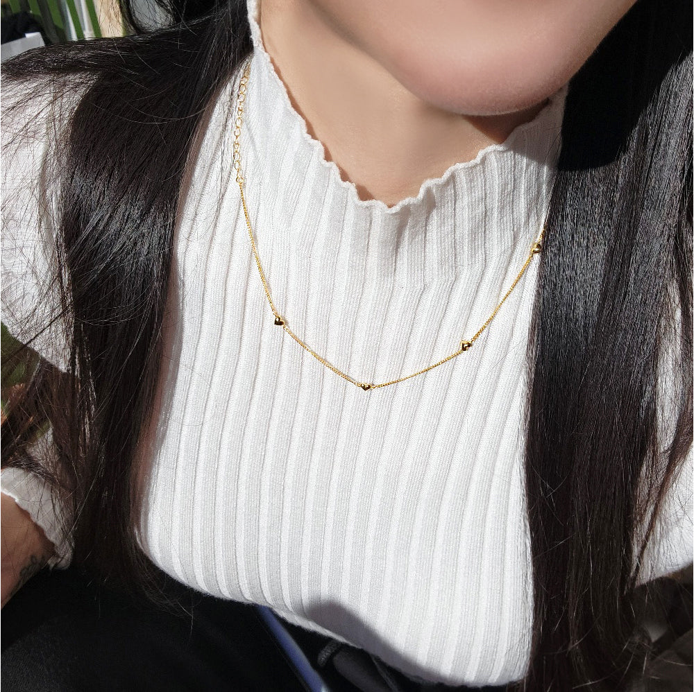 Mini Heart Station Vine Chain Necklace Solid Silver