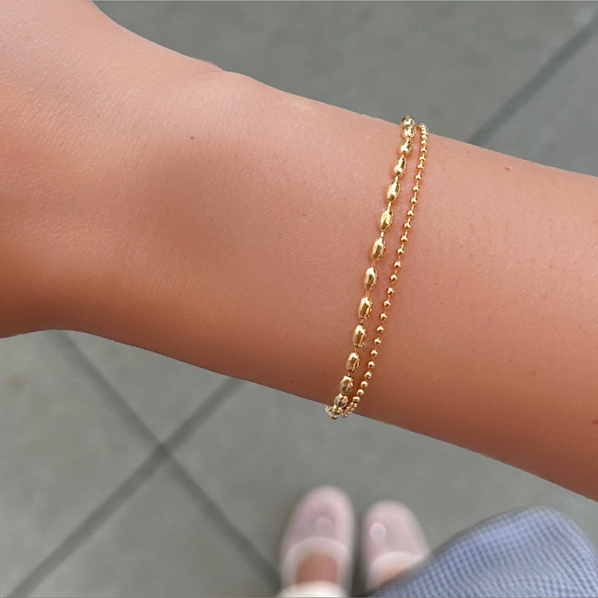 Oval Rice Bead Ball 2 Chain Set Bracelet