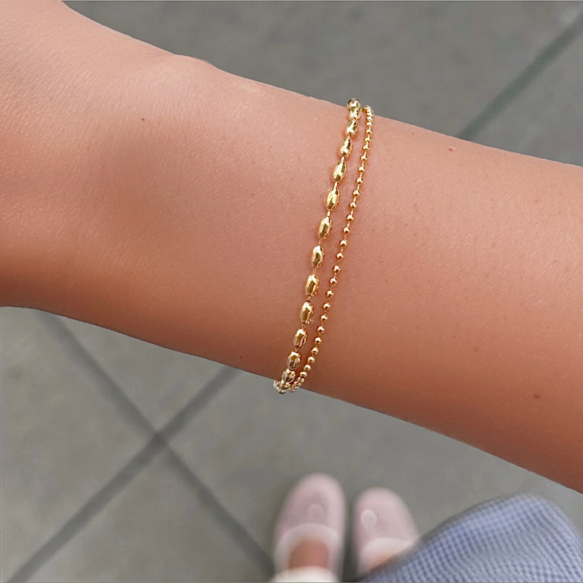 Oval Rice Bead Ball 2 Chain Set Bracelet