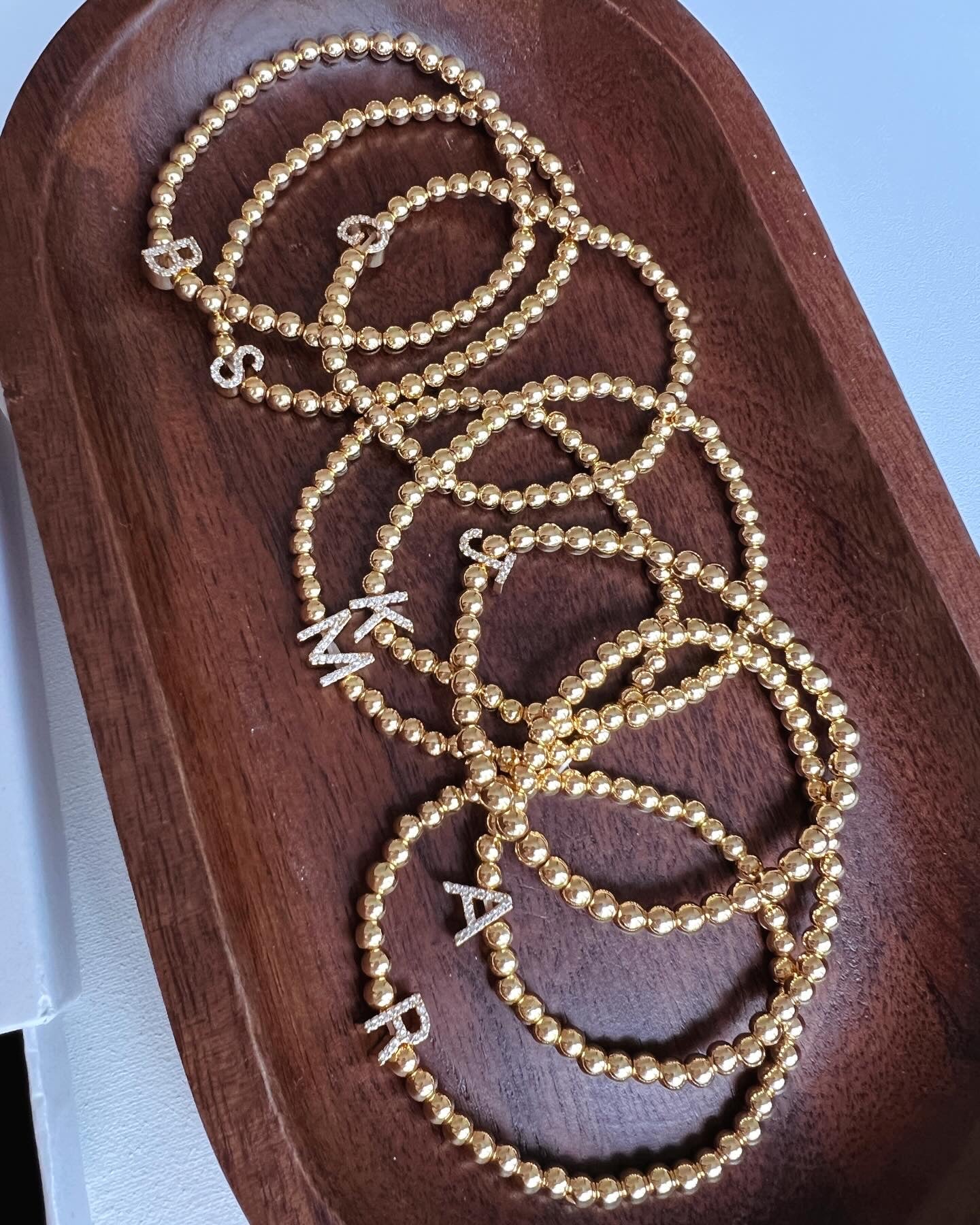 Gold Ball Beaded Bracelet Initial Cubic Zirconia