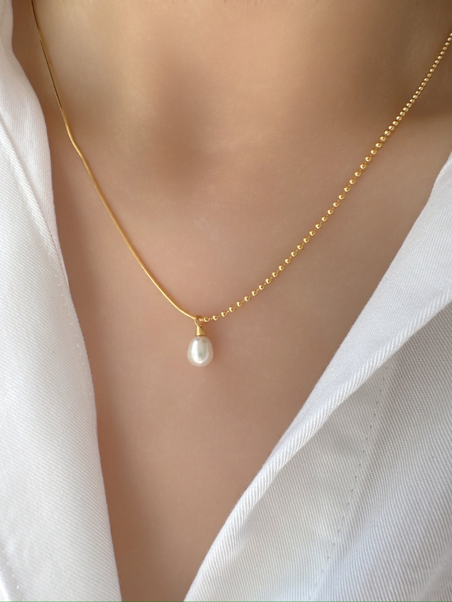 Half Dot Herringbone Chain with Freshwater Pearl 925 Silver