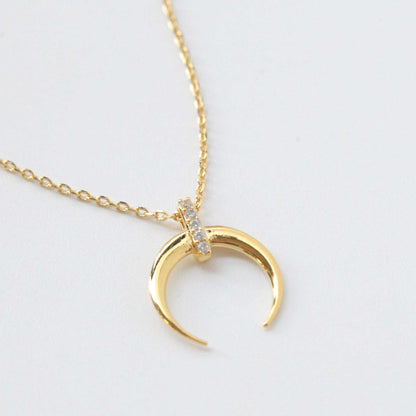 Crescent Moon Horn CZ Bar Necklace