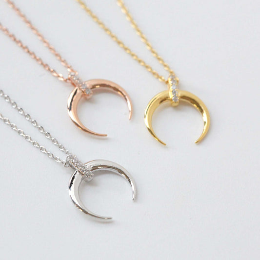 Crescent Moon Horn CZ Bar Necklace