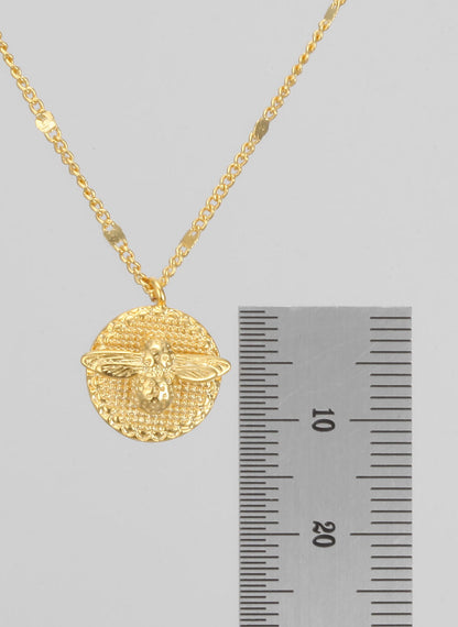 Bee Disc Pendant Necklace with Flat Curved Chain