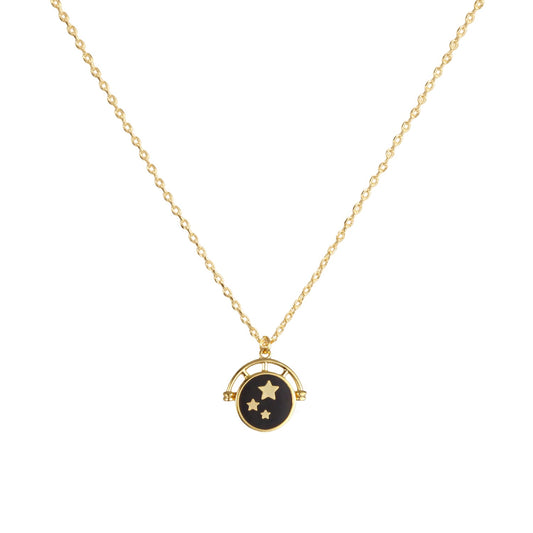 Enamel Black White Circle Disc Stars Necklace