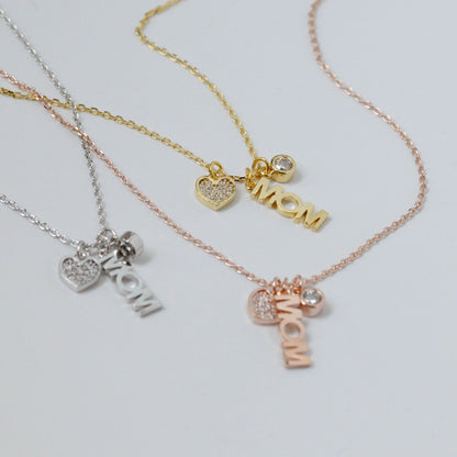 Mom Letter Heart Cubic Zirconia 3 Charms Necklace