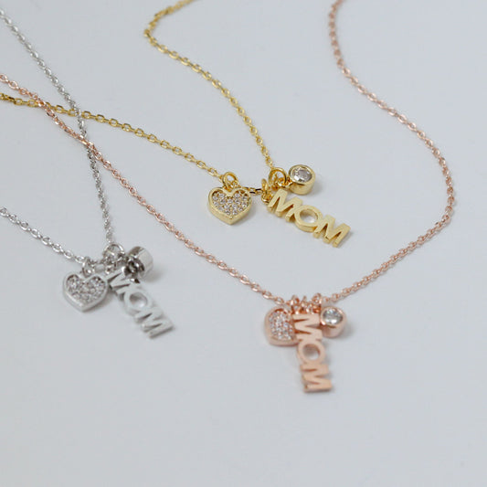 Mom Letter Heart Cubic Zirconia 3 Charms Necklace