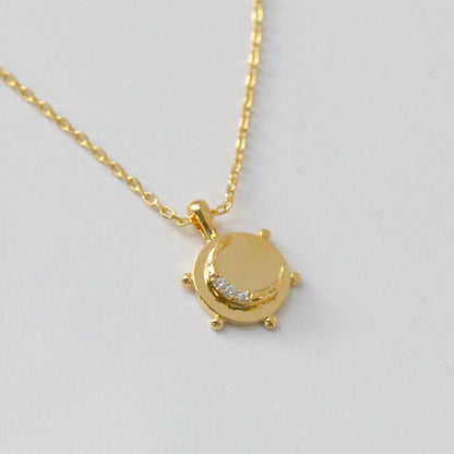 Tiny Coin Disk Crescent Moon CZ Necklace