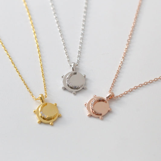 Tiny Coin Disk Crescent Moon CZ Necklace
