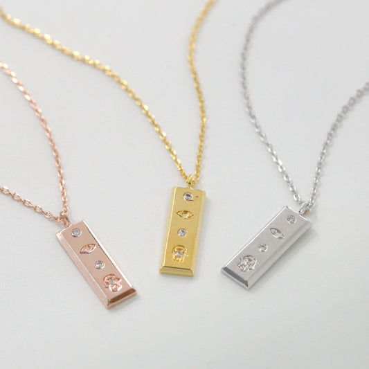 Gold Bar Rectangle Tag Hamsa Hand Eye Necklace