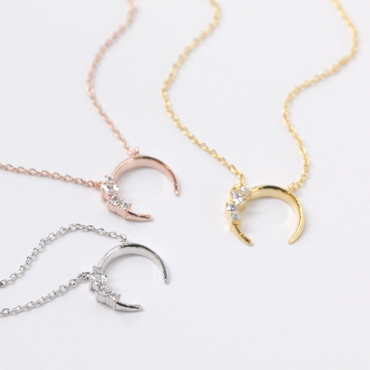 Crescent Moon Horn Cubic Zirconia Charm Necklace