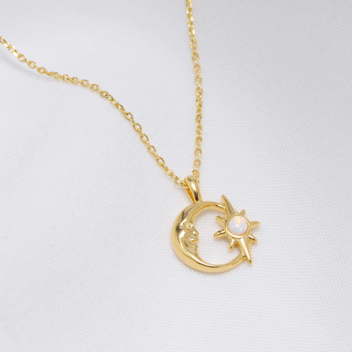 Crescent Moon Opal Burst Hollow Disc Necklace
