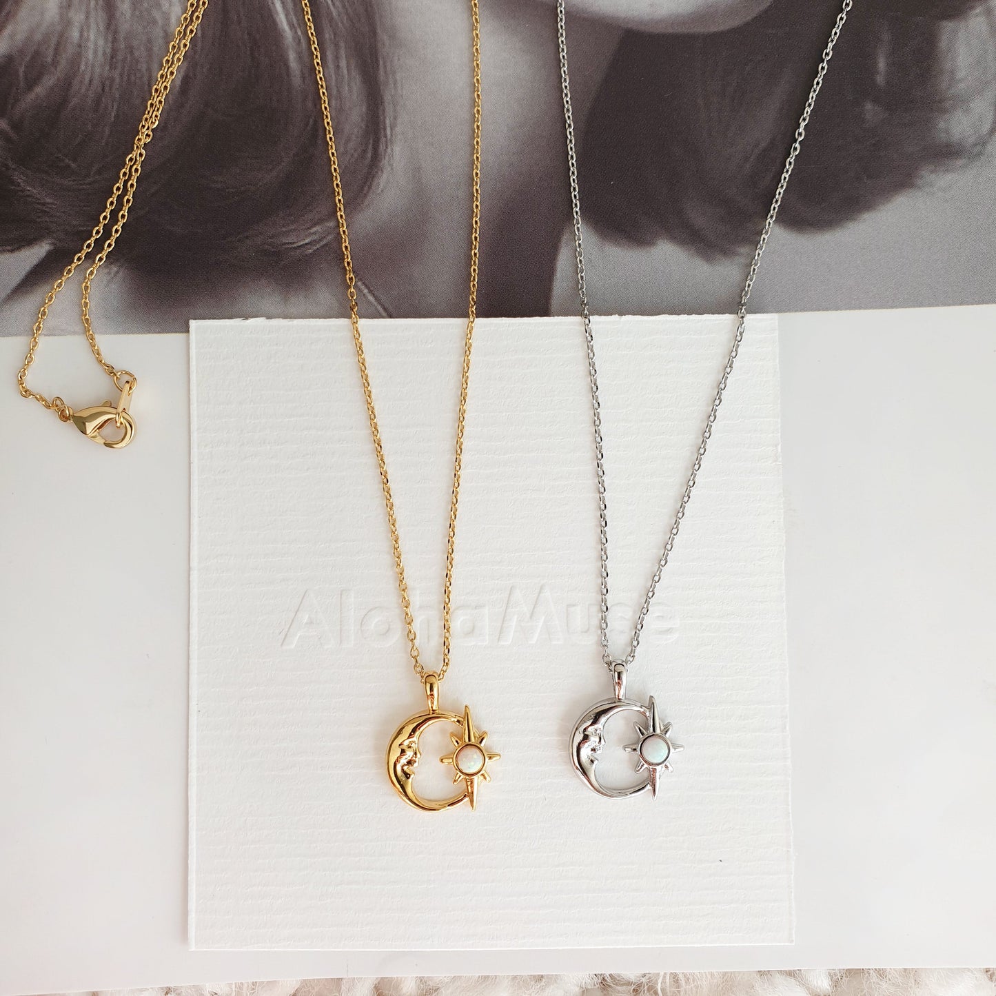 Crescent Moon Opal Burst Hollow Disc Necklace