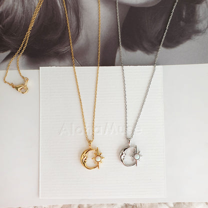 Crescent Moon Opal Burst Hollow Disc Necklace